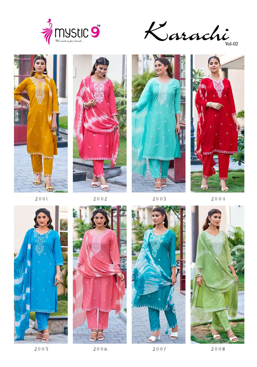 Karachi Vol 2 By Mystic 9 Rayon Embroidery Kurti With Bottom Dupatta Wholesalers In India
